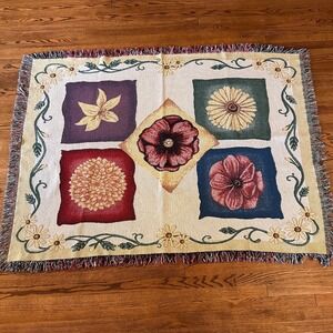 Floral Woven Tapestry Throw Blanket Multicolor Fringe 51x69 Cottagecore